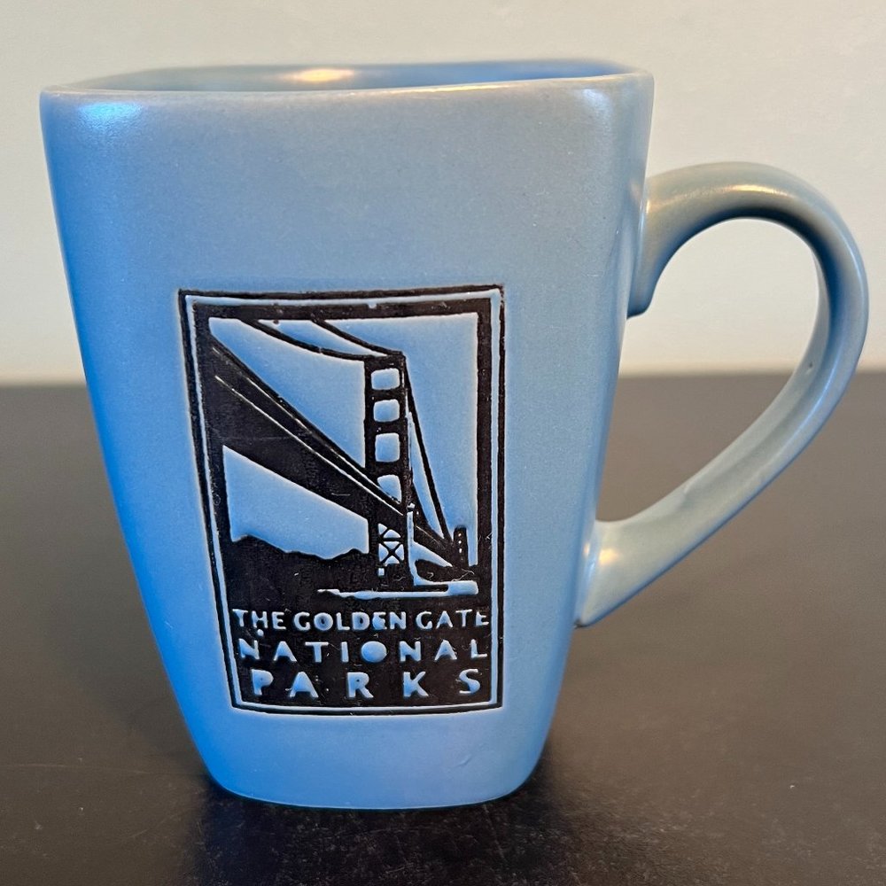 Golden Gate National Parks Mug Art Deco Slate Blue Embossed Square Pottery Cup